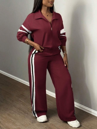 Slaydiva New Casual Sports Street Stand-Up Collar Zipper Long-Sleeved Off-Shoulder Jacket + Straight Wide-Leg Trousers Rose Purple With White And Black Ribbon Women's Two-Piece Set - Image 12