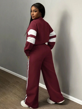 Slaydiva New Casual Sports Street Stand-Up Collar Zipper Long-Sleeved Off-Shoulder Jacket + Straight Wide-Leg Trousers Rose Purple With White And Black Ribbon Women's Two-Piece Set - Image 13