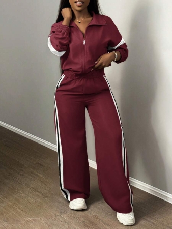 Slaydiva New Casual Sports Street Stand-Up Collar Zipper Long-Sleeved Off-Shoulder Jacket + Straight Wide-Leg Trousers Rose Purple With White And Black Ribbon Women's Two-Piece Set - Image 14