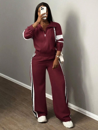 Slaydiva New Casual Sports Street Stand-Up Collar Zipper Long-Sleeved Off-Shoulder Jacket + Straight Wide-Leg Trousers Rose Purple With White And Black Ribbon Women's Two-Piece Set - Image 15