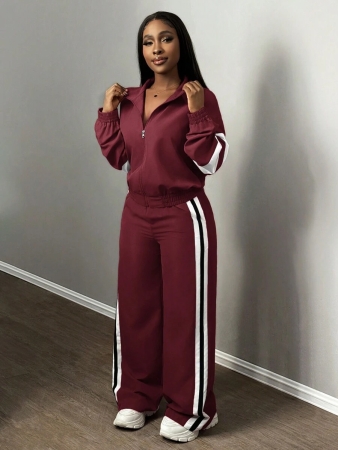 Slaydiva New Casual Sports Street Stand-Up Collar Zipper Long-Sleeved Off-Shoulder Jacket + Straight Wide-Leg Trousers Rose Purple With White And Black Ribbon Women's Two-Piece Set - Image 16