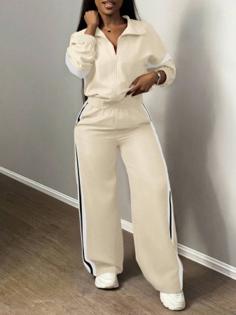 Slaydiva New Casual Sports Street Stand-Up Collar Zipper Long-Sleeved Off-Shoulder Jacket + Straight Wide-Leg Trousers Rose Purple With White And Black Ribbon Women's Two-Piece Set - Image 19
