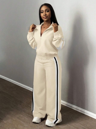 Slaydiva New Casual Sports Street Stand-Up Collar Zipper Long-Sleeved Off-Shoulder Jacket + Straight Wide-Leg Trousers Rose Purple With White And Black Ribbon Women's Two-Piece Set - Image 21