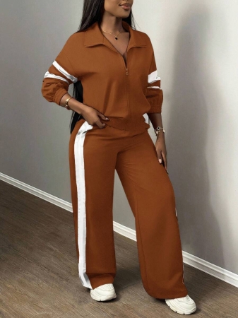 Slaydiva New Casual Sports Street Stand-Up Collar Zipper Long-Sleeved Off-Shoulder Jacket + Straight Wide-Leg Trousers Rose Purple With White And Black Ribbon Women's Two-Piece Set - Image 22