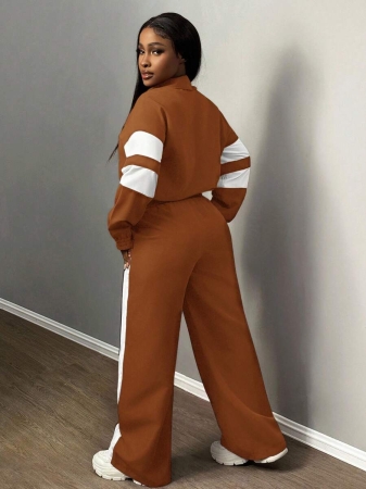 Slaydiva New Casual Sports Street Stand-Up Collar Zipper Long-Sleeved Off-Shoulder Jacket + Straight Wide-Leg Trousers Rose Purple With White And Black Ribbon Women's Two-Piece Set - Image 23