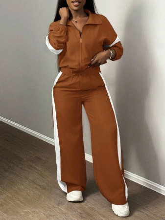 Slaydiva New Casual Sports Street Stand-Up Collar Zipper Long-Sleeved Off-Shoulder Jacket + Straight Wide-Leg Trousers Rose Purple With White And Black Ribbon Women's Two-Piece Set - Image 24