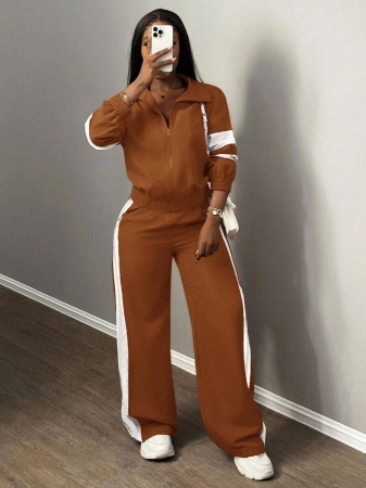 Slaydiva New Casual Sports Street Stand-Up Collar Zipper Long-Sleeved Off-Shoulder Jacket + Straight Wide-Leg Trousers Rose Purple With White And Black Ribbon Women's Two-Piece Set - Image 25