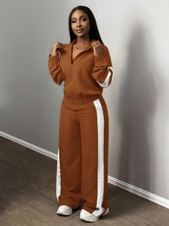 Slaydiva New Casual Sports Street Stand-Up Collar Zipper Long-Sleeved Off-Shoulder Jacket + Straight Wide-Leg Trousers Rose Purple With White And Black Ribbon Women's Two-Piece Set - Image 26