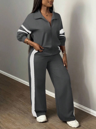 Slaydiva New Casual Sports Street Stand-Up Collar Zipper Long-Sleeved Off-Shoulder Jacket + Straight Wide-Leg Trousers Rose Purple With White And Black Ribbon Women's Two-Piece Set - Image 27