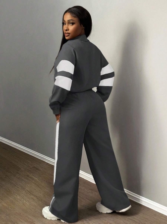 Slaydiva New Casual Sports Street Stand-Up Collar Zipper Long-Sleeved Off-Shoulder Jacket + Straight Wide-Leg Trousers Rose Purple With White And Black Ribbon Women's Two-Piece Set - Image 28