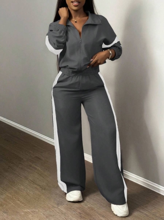 Slaydiva New Casual Sports Street Stand-Up Collar Zipper Long-Sleeved Off-Shoulder Jacket + Straight Wide-Leg Trousers Rose Purple With White And Black Ribbon Women's Two-Piece Set - Image 29