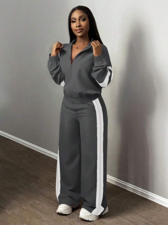 Slaydiva New Casual Sports Street Stand-Up Collar Zipper Long-Sleeved Off-Shoulder Jacket + Straight Wide-Leg Trousers Rose Purple With White And Black Ribbon Women's Two-Piece Set - Image 31