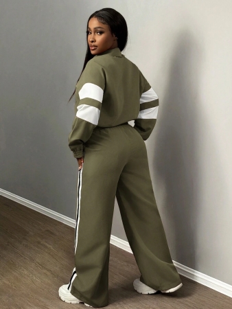 Slaydiva New Casual Sports Street Stand-Up Collar Zipper Long-Sleeved Off-Shoulder Jacket + Straight Wide-Leg Trousers Rose Purple With White And Black Ribbon Women's Two-Piece Set - Image 33