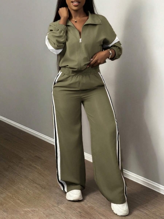 Slaydiva New Casual Sports Street Stand-Up Collar Zipper Long-Sleeved Off-Shoulder Jacket + Straight Wide-Leg Trousers Rose Purple With White And Black Ribbon Women's Two-Piece Set - Image 34