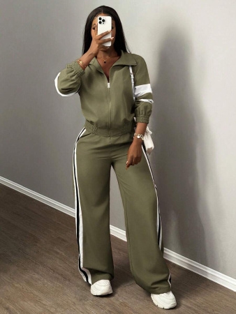 Slaydiva New Casual Sports Street Stand-Up Collar Zipper Long-Sleeved Off-Shoulder Jacket + Straight Wide-Leg Trousers Rose Purple With White And Black Ribbon Women's Two-Piece Set - Image 35