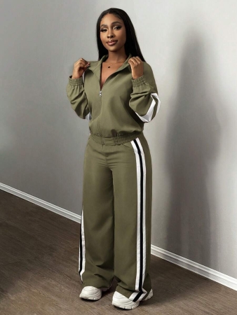 Slaydiva New Casual Sports Street Stand-Up Collar Zipper Long-Sleeved Off-Shoulder Jacket + Straight Wide-Leg Trousers Rose Purple With White And Black Ribbon Women's Two-Piece Set - Image 36