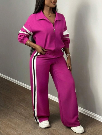 Slaydiva New Casual Sports Street Stand-Up Collar Zipper Long-Sleeved Off-Shoulder Jacket + Straight Wide-Leg Trousers Rose Purple With White And Black Ribbon Women's Two-Piece Set - Image 37