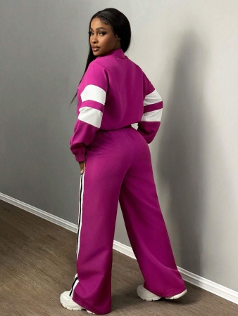 Slaydiva New Casual Sports Street Stand-Up Collar Zipper Long-Sleeved Off-Shoulder Jacket + Straight Wide-Leg Trousers Rose Purple With White And Black Ribbon Women's Two-Piece Set - Image 38