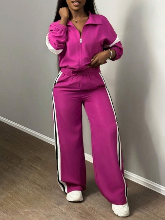 Slaydiva New Casual Sports Street Stand-Up Collar Zipper Long-Sleeved Off-Shoulder Jacket + Straight Wide-Leg Trousers Rose Purple With White And Black Ribbon Women's Two-Piece Set - Image 39
