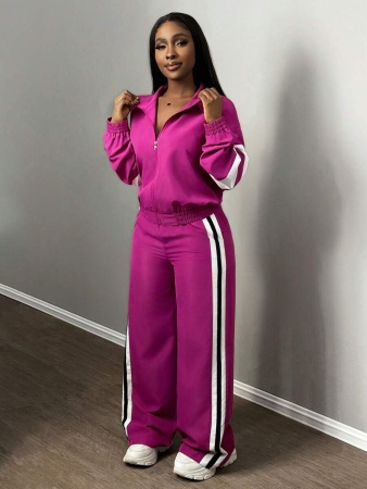 Slaydiva New Casual Sports Street Stand-Up Collar Zipper Long-Sleeved Off-Shoulder Jacket + Straight Wide-Leg Trousers Rose Purple With White And Black Ribbon Women's Two-Piece Set - Image 40
