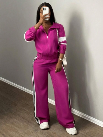Slaydiva New Casual Sports Street Stand-Up Collar Zipper Long-Sleeved Off-Shoulder Jacket + Straight Wide-Leg Trousers Rose Purple With White And Black Ribbon Women's Two-Piece Set - Image 41