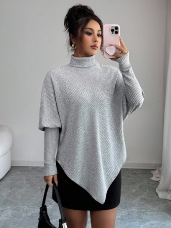 Elenzga Elegant Design Asymmetrical Curled Hem Faux Knit Fuzzy Ribbed Turtleneck Versatile Women's T-Shirt
