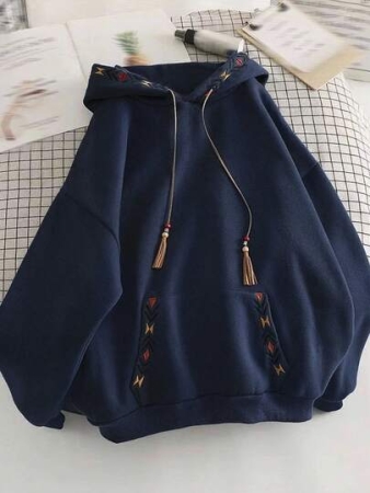 Resyla Women's Casual Vacation Style Embroidered Graphic Pocket Drawstring Hoodie