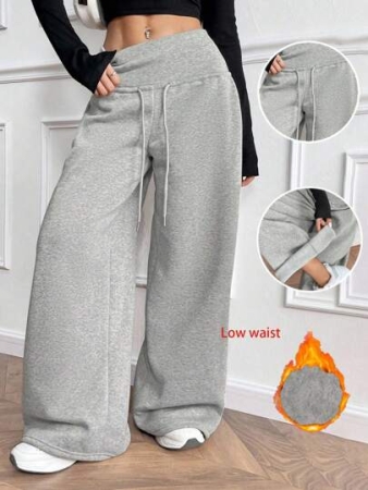 EMERY ROSE Grey Knit Fleece Drawstring Waist Loose Sweatpants, Winter Graduation,Back To School Outfits,Graduation,Teacher Outfits For Women,Back To School Fall Cloth For Women