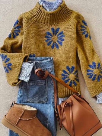 Autumn And Winter Fashion Casual Comfortable Warm Apricot Flower Pattern Knit High Neck Long Sleeve Loose Sweater Pullover