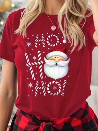 Chiquease Hohoho Christmas Santa Claus Hat & Snowflake Print Round Neck Short Sleeve T-Shirt For Women, Autumn/Winter For New Year Clothes Graphic Tees Women Tops