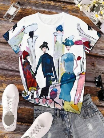 INAWLY Abstract Art Gradient Tie Dye Ink Painting Portrait Color Round Neck Short Sleeved T-Shirt