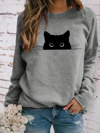 INAWLY Women's Casual Cat Print Round Neck Long Sleeve T-Shirt, Autumn Graphic Tees Women Tops For Spring Outfit - Image 2