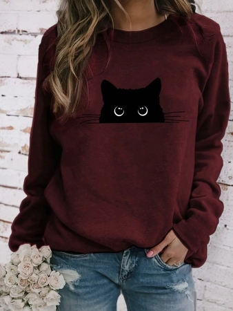 INAWLY Women's Casual Cat Print Round Neck Long Sleeve T-Shirt, Autumn Graphic Tees Women Tops For Spring Outfit - Image 5