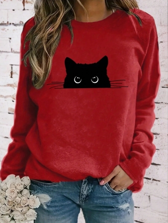 INAWLY Women's Casual Cat Print Round Neck Long Sleeve T-Shirt, Autumn Graphic Tees Women Tops For Spring Outfit - Image 9