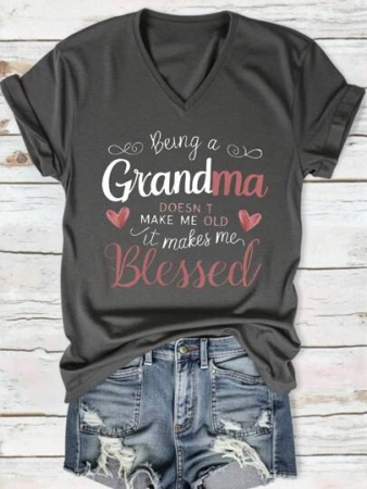 GRANDMA Slogan Text Graphic V-Neck Short Sleeve Casual T-Shirt, Gift For Grandmothers