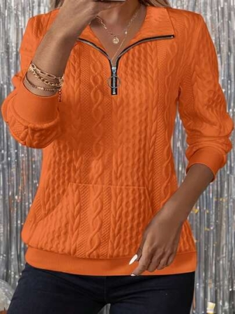 Textured Half-Zip Pullover, Casual Long-Sleeve Sweatshirt, Suitable For Autumn And Spring, Women's Clothing, Chic Women's Half-Zip Pullover Sports Sweater - Elegant Solid Color, Long Sleeves, Textured Cable Knit, Polyester Blend, Machine Washable