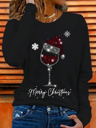 Christmas Hat & Wine Glass Snowflake Design Casual Party Loose Cute Elegant Round Neck Long Sleeve Top - Image 2
