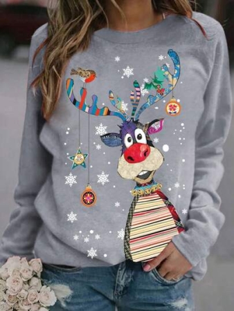 Christmas Snow Flake & Deer Print Casual Round Neck Long Sleeve T-Shirt