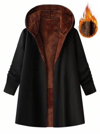 Ellevyn Winter Clothes For Women Women's Elegant Thick Thermal Lined Long Sleeve Hooded Jacket, Black, Autumn/Winter Outerwear Women Coat Plus Size Jackets Coats For Women Plus Plus Size Coat Autumn And Winter Long Black Warm Thick Cotton Coat Clothes With Lining Clothes With Plush Lining