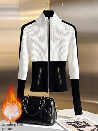 GlowEve Women's Casual Color Block Zip-Up T-Shirt, Autumn/Winter