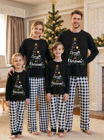 Christmas Family Matching Pajama Sets Plaid And Letter Print Christmas Sleepwear Holiday PJS Sleepwear For Dad Mom Kids - Image 2