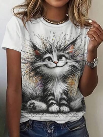 INAWLY Women's Animal Cat Pattern Print Short Sleeve T-Shirt Graphic Tees Women Tops Fall Cloth For Women