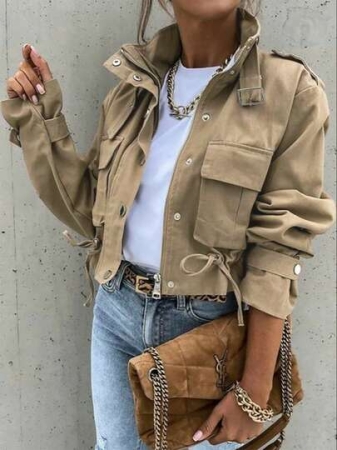1pc Women's Fashionable Solid Color Long Sleeve Front Zipper Casual Short Jacket, Khaki High Collar Long Sleeve Jacket With Button Detail And Pockets, Regular Hem, Non-Stretch