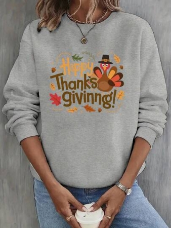 Women's Thanksgiving Turkey Pattern Printed Sweatshirt - Black Crew Neck Casual Pullover, Autumn Leaves And Pumpkin Design,% Polyester, Machine Washable, Autumn Spring Holiday Clothing - Unisex Plus Size Top