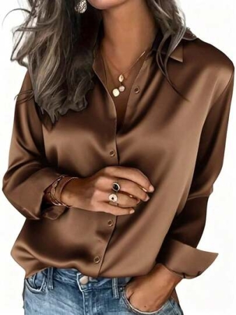 Women's Satin Shirt, Business Casual Button-Down Blouse With Notch Lapel, Elegant Office & Lounge Top For Fall Winter Spring