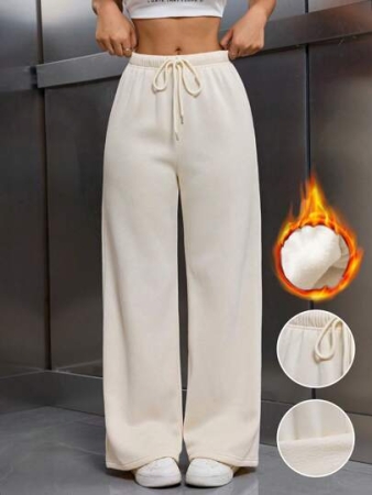 EMERY ROSE Women Ivory Color Thermal Lined Elastic Waist Drawstring Loose Pants Fall Cloth For Women