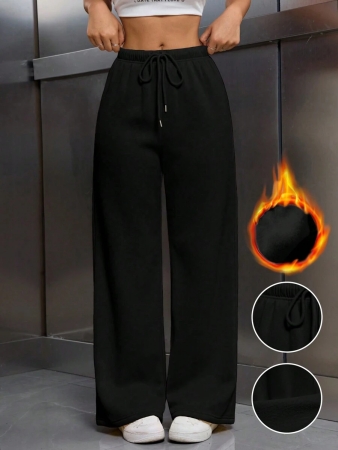 EMERY ROSE Women Ivory Color Thermal Lined Elastic Waist Drawstring Loose Pants Fall Cloth For Women - Image 2