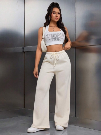 EMERY ROSE Women Ivory Color Thermal Lined Elastic Waist Drawstring Loose Pants Fall Cloth For Women - Image 21