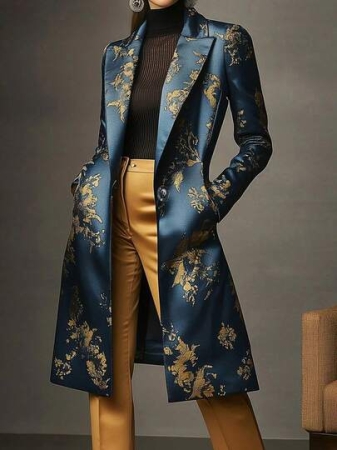 Women's Elegant Peaked Lapel Printed Long-Sleeved Mid-Length Suit Jacket Coat
