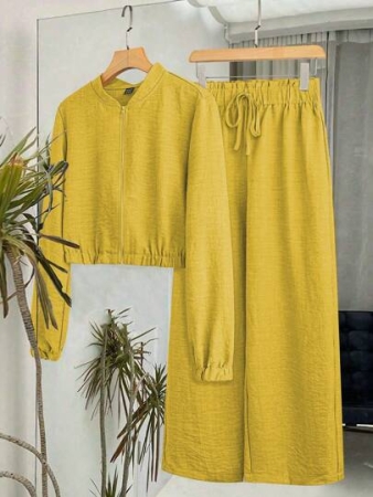 SHEIN LUNE Women's Solid Color Long Sleeve Zip-Up Jacket And Pants Casual Suit Fall Cloth For Women